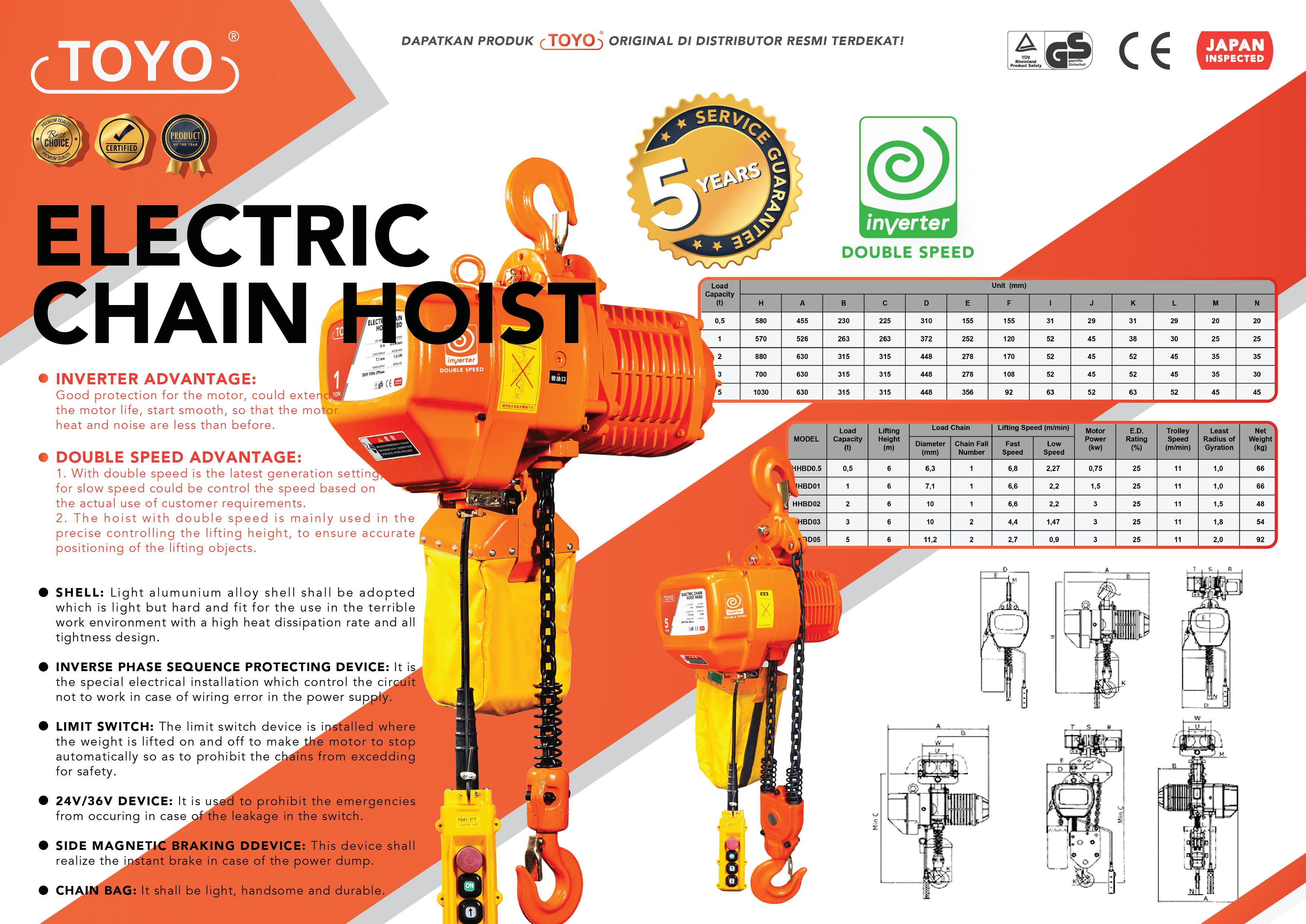 Spesifikasi Detail Inverter Electric Chain Hoist HHBD Type Toyo Original