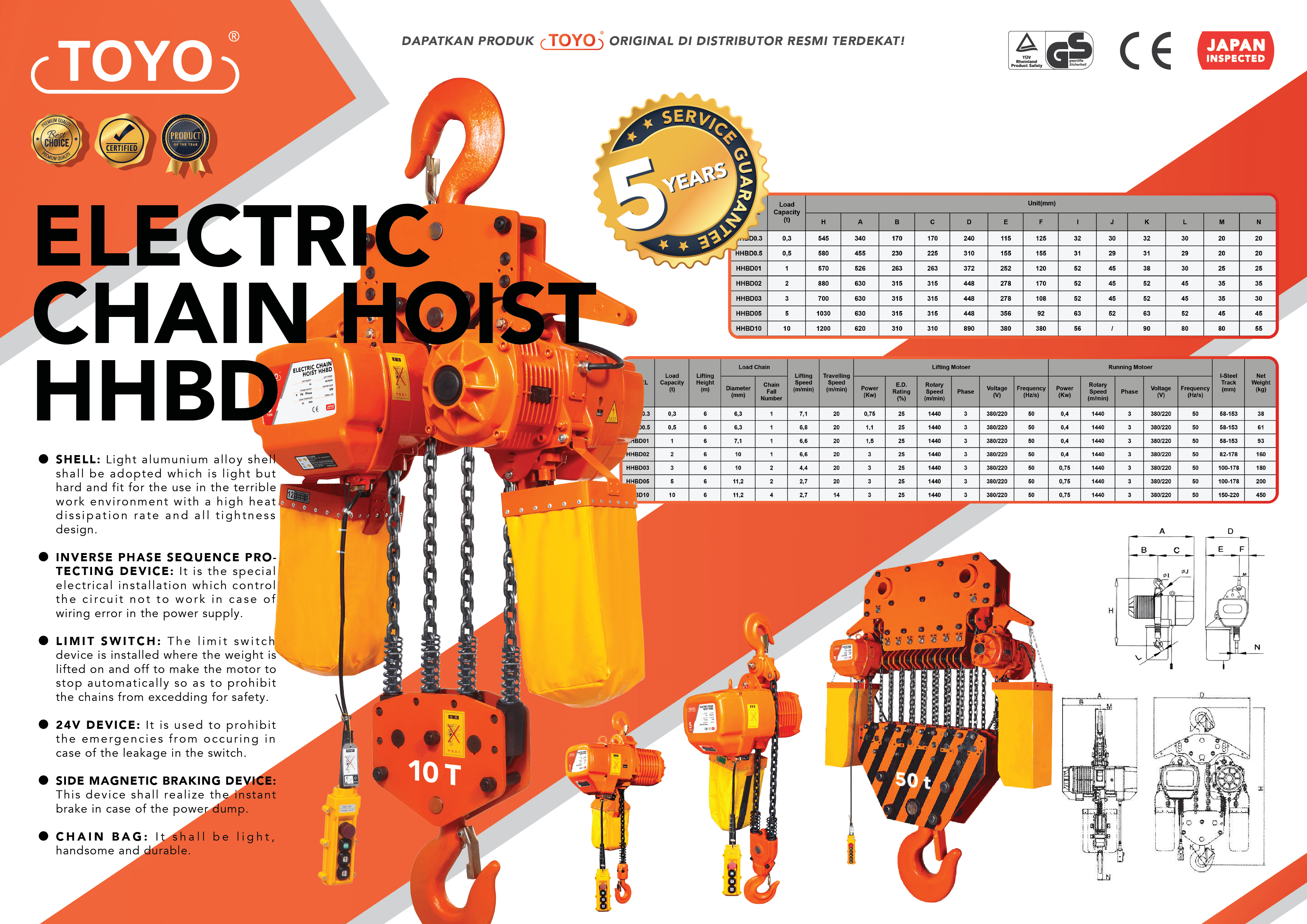 Spesifikasi Detail Electric Chain Hoist HHBD Type Toyo Original
